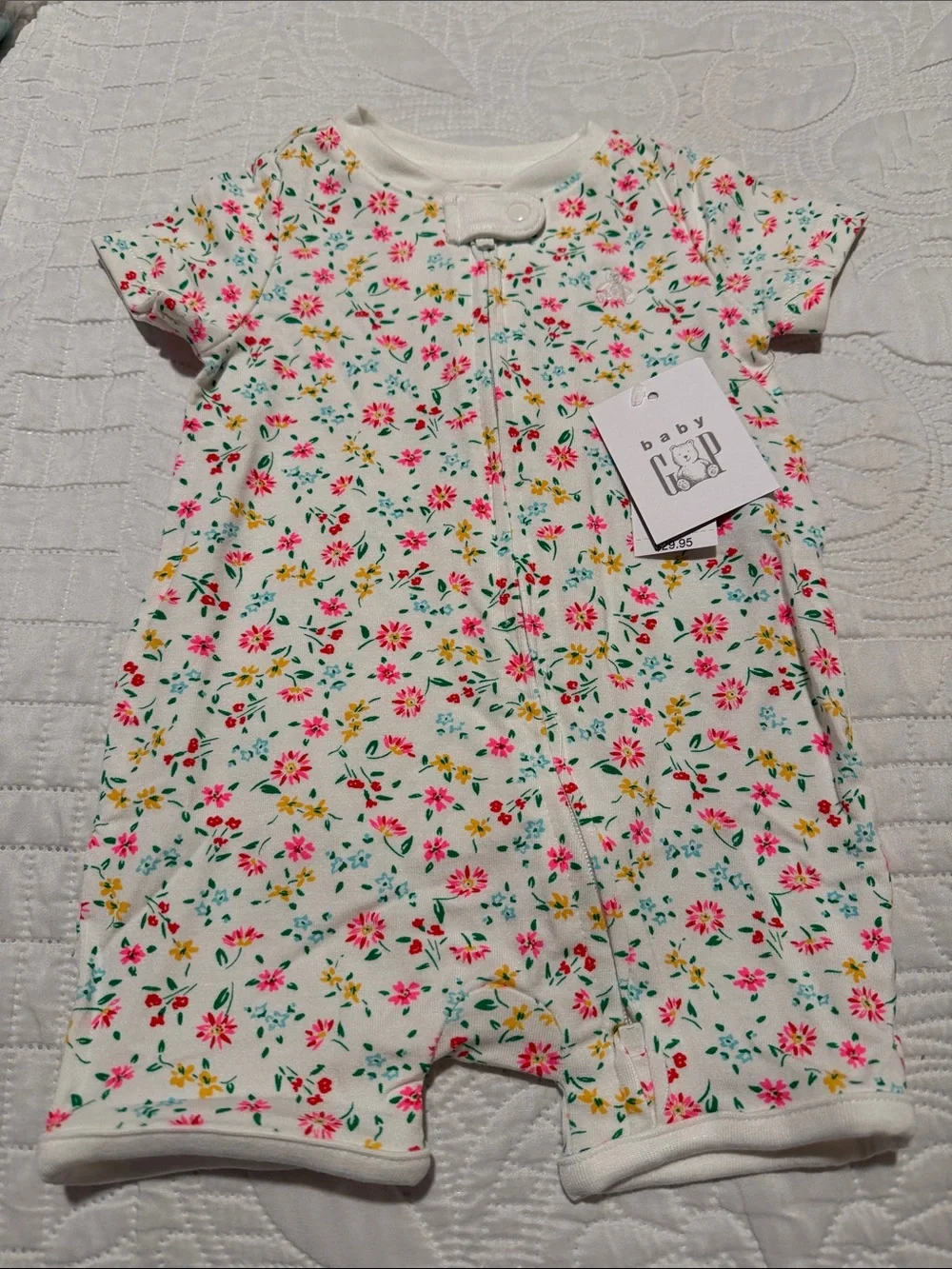 GAP Floral Short Sleeve One-Piece Romper in White with Pink & Yellow Flowers